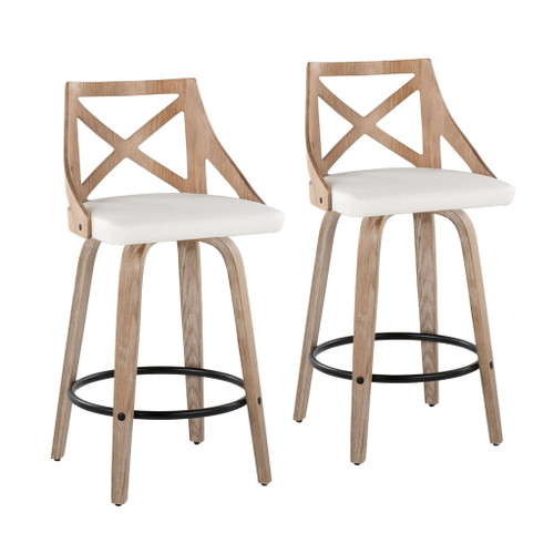 Charlotte - Farmhouse Fixed-Height Swivel Counter Stool (Set of 2) - Whitewashed Wood And White Faux Leather With Round Black Metal Footrest