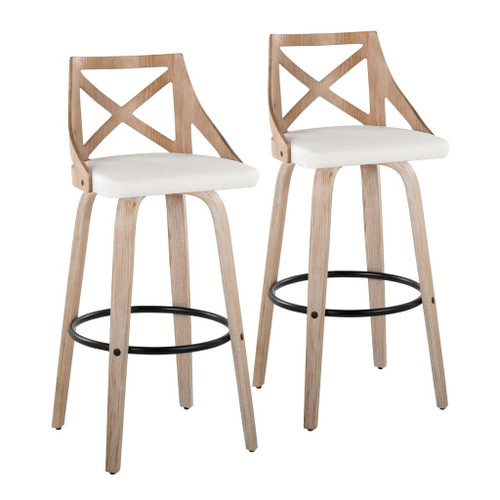 Charlotte - Farmhouse Fixed-Height Swivel Barstool (Set of 2) - Whitewashed Wood And White Faux Leather With Round Black Metal Footrest