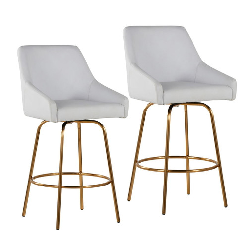 Hannah - Transitional Fixed-Height Swivel Counter Stool (Set of 2) - White Faux Leather, With Gold Metal Legs And Footrest With Gold Handle Accent
