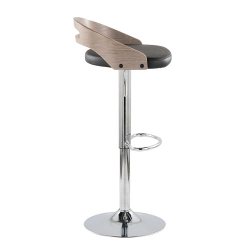 Cassis - Mid-Century Modern Adjustable Barstool With Swivel (Set of 2) - Chrome Metal, Light Gray Wood And Black Faux Leather With Oval Footrest