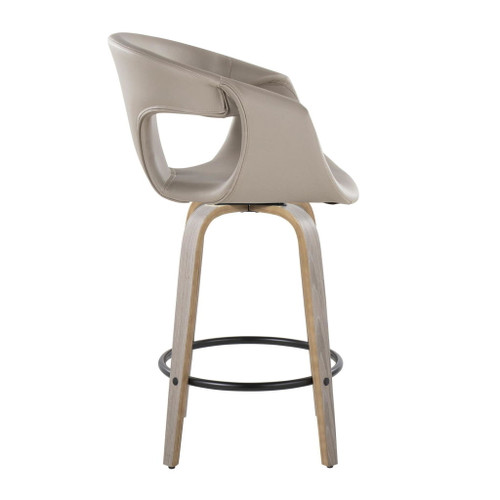 Curvo - Contemporary Fixed-Height Swivel Counter Stool (Set of 2) - Light Gray Wood And Light Gray Faux Leather With Round Black Metal Footrest