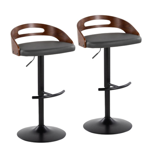 Cassis - Contemporary Adjustable Swivel Barstool (Set of 2) - Black Metal, Walnut Wood And Gray Faux Leather With Round T Footrest