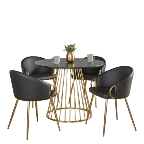 Canary - Claire Contemporary/Glam 5 Piece Dining Room Set - Gold Metal, Black MDF, And Black Faux Leather