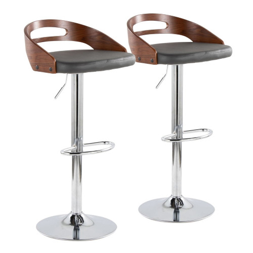 Cassis - Mid-Century Modern Adjustable Barstool With Swivel (Set of 2) - Chrome Metal, Walnut Wood And Gray Faux Leather With Oval Footrest