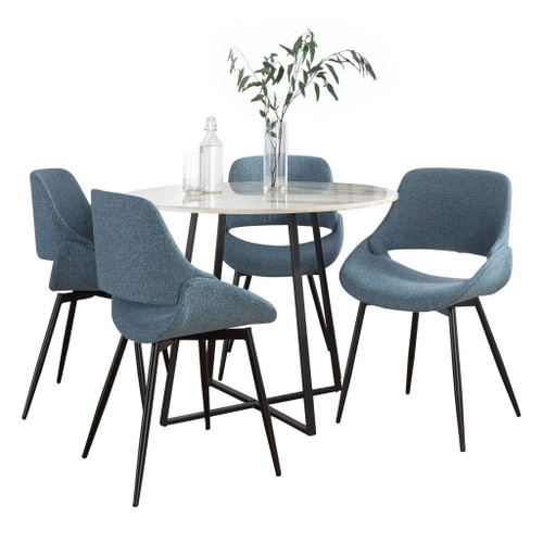 Cosmo - Fabrico Contemporary 5 Piece Dining Room Set - Black Metal, White Marble Tabletop And Blue Fabric