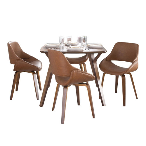 Folia - Fabrico Mid-Century Modern Square 5 Piece Dining Room Set - Walnut Wood With Camel Faux Leather
