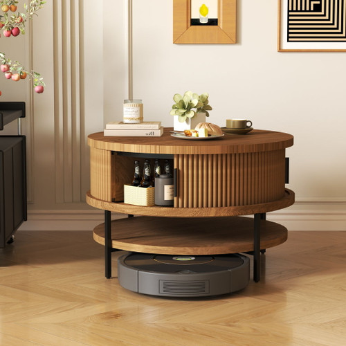 Flip-Top Round Coffee Table With Storage - Brown