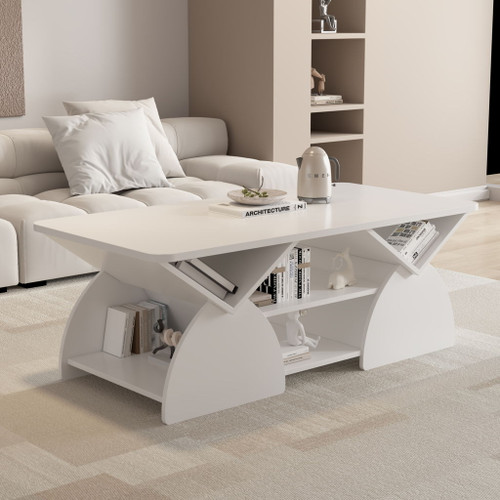 Geometric Engineered Coffee Table With Rounded Corners With Open Shelves