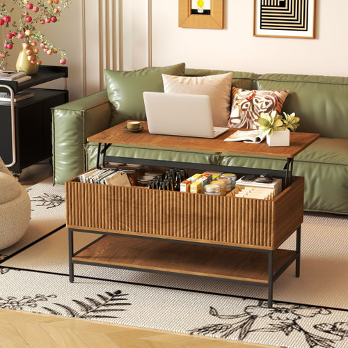Rectangle Lift Top Coffee Table With Hidden Storage And Lower Shelf - Brown