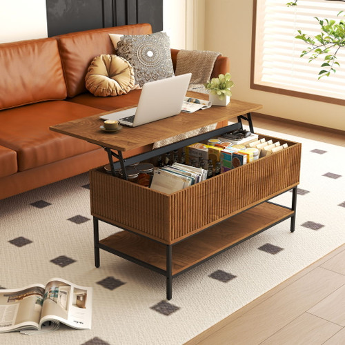 Rectangle Lift Top Coffee Table With Hidden Storage And Lower Shelf - Brown
