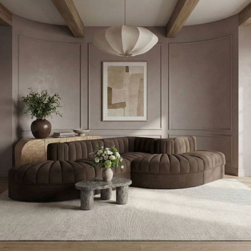 Rummi - Rounded Velvet Performance Fabric Upholstered 5 Piece Modular Sectional