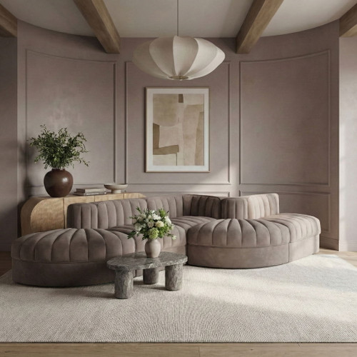 Rummi - Rounded Velvet Performance Fabric Upholstered 5 Piece Modular Sectional