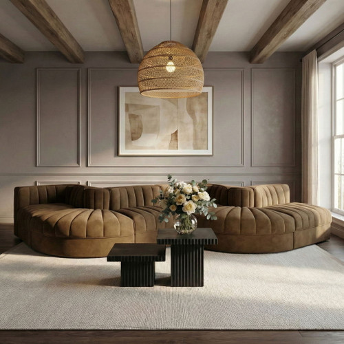 Rummi - Rounded Velvet Performance Fabric Upholstered 6 Piece Modular Sectional