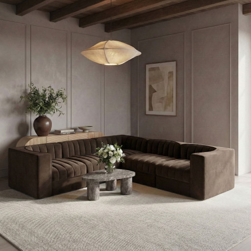 Rummi - Symmetrical Velvet Performance Fabric Upholstered 5 Piece Modular Sectional