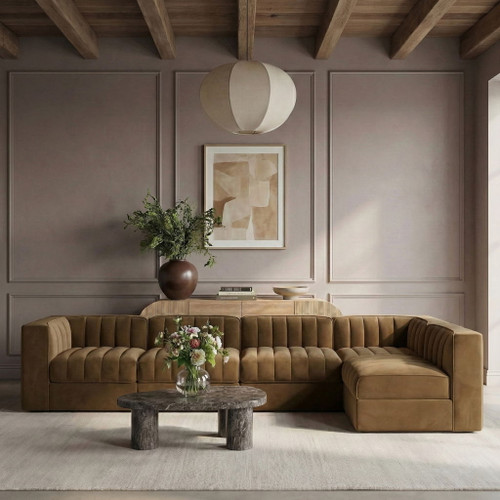 Rummi - Velvet Performance Fabric Upholstered 5 Piece Modular Sectional, L-Shaped (Right)