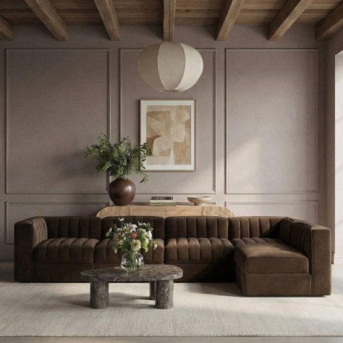 Rummi - Velvet Performance Fabric Upholstered 5 Piece Modular Sectional, L-Shaped (Right)