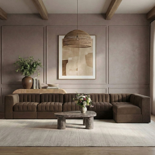 Rummi - Velvet Performance Fabric Upholstered 6 Piece Modular Sectional, L-Shaped (Right)