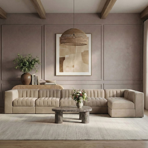 Rummi - Velvet Performance Fabric Upholstered 6 Piece Modular Sectional, L-Shaped (Right)