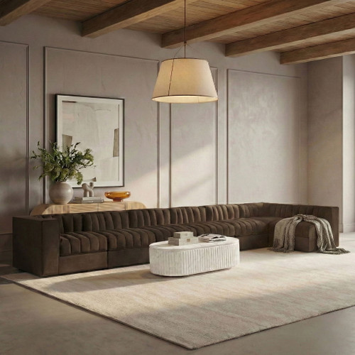 Rummi - Velvet Performance Fabric Upholstered 7 Piece Modular Sectional, L-Shaped (Right)