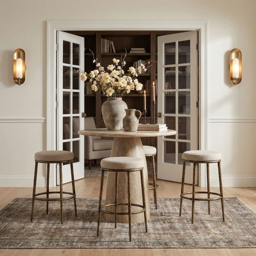 Ferro - Performance Fabric Upholstered Backless Bar Stool - Antique Brass