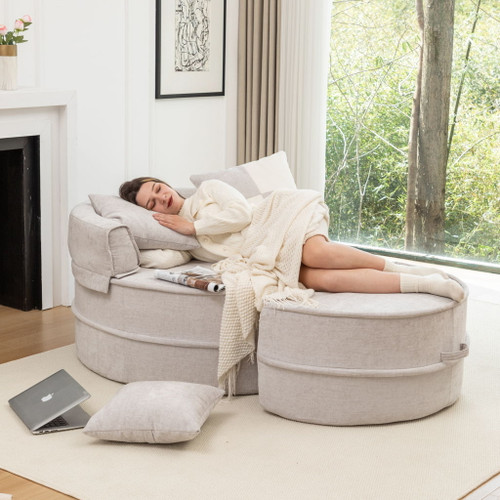 Modern Oversized Round Barrel Accent Chair With Ottoman