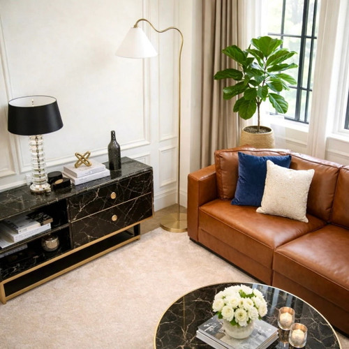 Majestic - Ring Base Curved Floor Lamp With Triangle Drum Shade - Gold / White