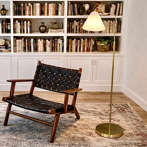 Majestic - Ring Base Curved Floor Lamp With Triangle Drum Shade - Gold / White