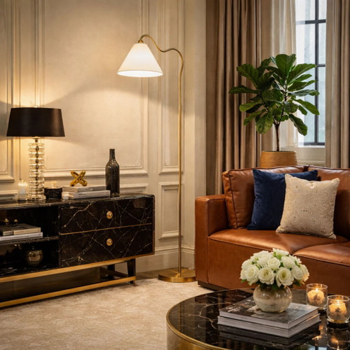 Majestic - Ring Base Curved Floor Lamp With Triangle Drum Shade - Gold / White