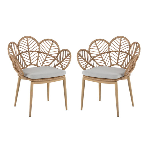 Kirk - Outdoor Wicker Peacock Shape Papasan Style Chair, Teak Finished Leg (Set of 2) - Beige / Light Brown / Light Teak