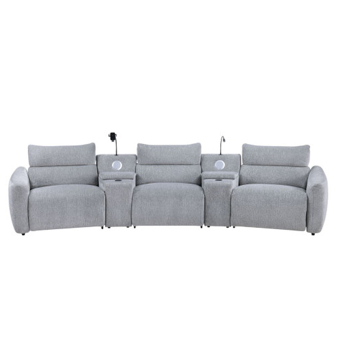 Fullar - Modular Power Motion Sectional Sofa With Console, 2 Wireless Chargers, 4 Cupholders, And 2 Speakers, 1 Phone Holder And 1 Reading Light, Adjustable Headrest - Light Gray
