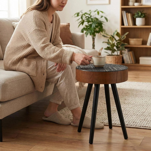 Round Coffee Table With Carved Top For Living Room