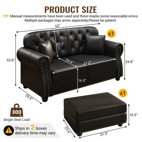 Upholstered Sofa With Nailhead Trim, Rolled Armrests With Ottoman