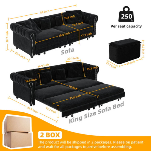 3 In 1 Pull Out Convertible Sleeper Sofa Bed, King Size, Chaise Lounge