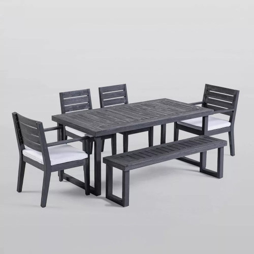 Outdoor 6 Seater Dining Set With Bench - Dark Gray / Light Gray