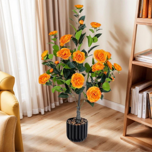 2 Pack Artificial Camellia Trees, Faux Potted Plants With Orange Flowers For Indoor Or Outdoor Decor, Porch, Office, Or Home Use - Black / Green / Orange