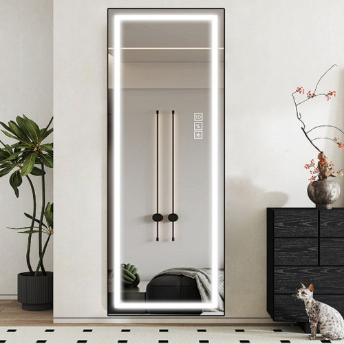 Led Mirror Full Length Mirror With Lights Wide Standing Tall Full Size Mirror For Bedroom Giant Full Body Mirror Large Floor Mirror With Lights Stand Up Dressing Big Lighted Mirror - Black