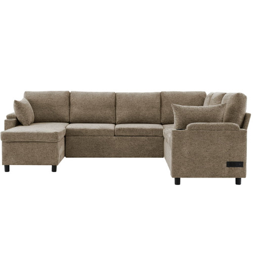 U-Shaped Sectional Sofa Bed With Storage, Charging Ports, And Cup Holders - Brown
