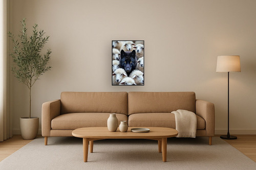 Midnight Among Sheep Gloss Canvas With Rocks In Frame - Black / White