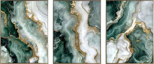 Jade Veining Hand-Embellished Canvas With Rocks & Foil In Frame (Set of 3) - Emerald / Sage