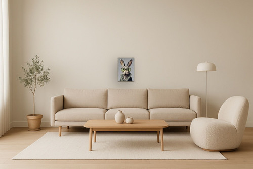 Velvet Hare I Hand-Embellished Canvas With Fabric In Frame - Gray / Beige