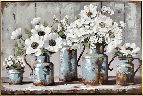 Rustic Blossoms Study Hand-Embellished Canvas In Frame - Blue / Gray