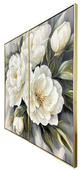 Gold Peony II Hand-Embellished Canvas In Frame - Ivory / Gray