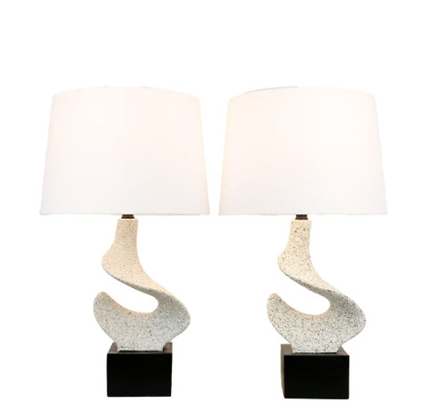 Sculpted Waves Resin & Metal Table Lamp (Set of 2) - White Stone / Matte Black