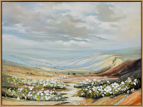 Wildflower Valley Hand-Embellished Canvas In Frame - Light Natural Wood / Blue-Gray