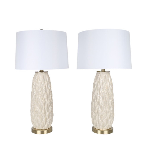 Textured Leaves Carved Ceramic & Metal Table Lamp (Set of 2) - Beige / Soft Gold