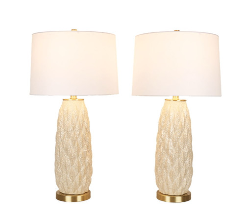 Textured Leaves Carved Ceramic & Metal Table Lamp (Set of 2) - Beige / Soft Gold
