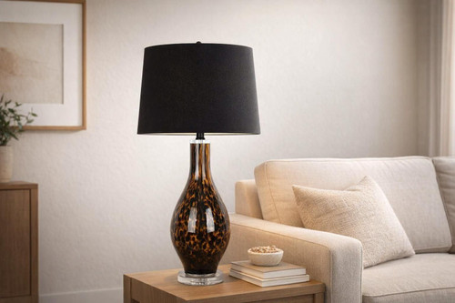 Speckled Glow Art Glass & Crystal Table Lamp (Set of 2) - Black Speckled Amber Art Glass / Clear Crystal