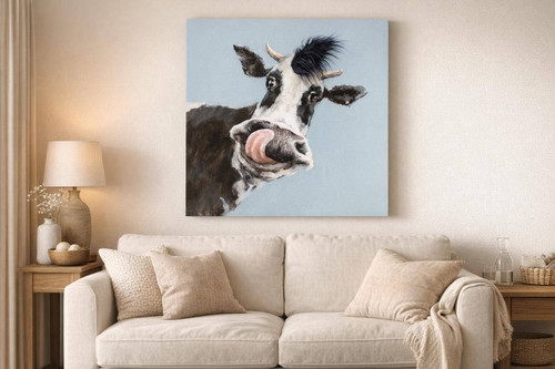 Curious Cow Hand-Embellished Wrapped Canvas With Fabric - Black / Blue