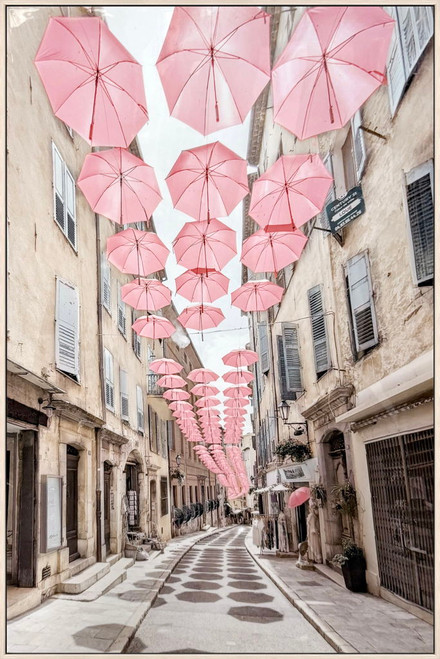 Pink Umbrellas Promenade Gloss Canvas In Frame - Pink / Ivory