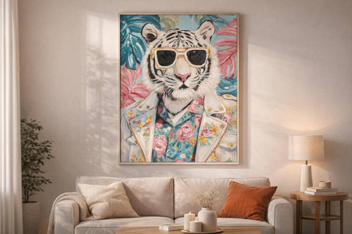 Tropical Rebel Hand-Embellished Canvas In Frame - Aqua / Pink